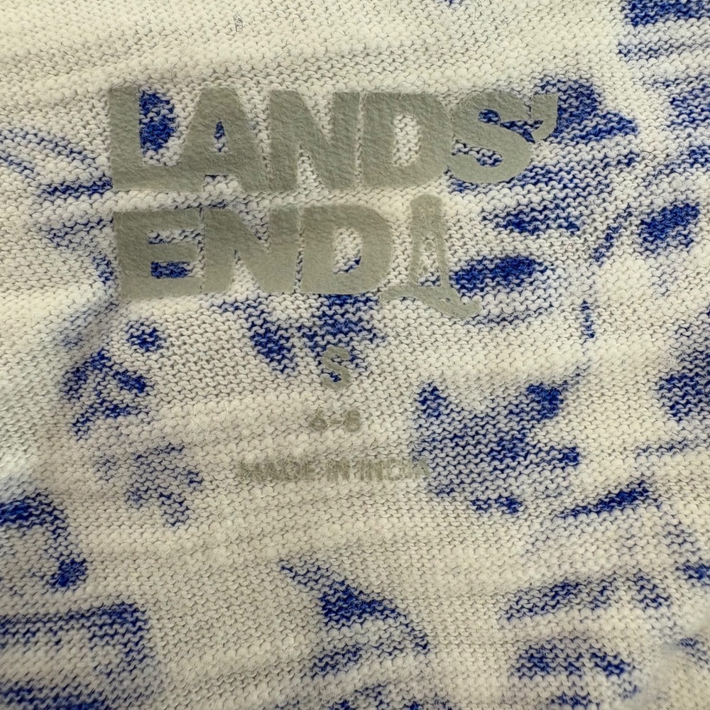 Lands End Womens Blue White Floral 100% Cotton 3/4 Sleeve Split Neck Top S 6-8